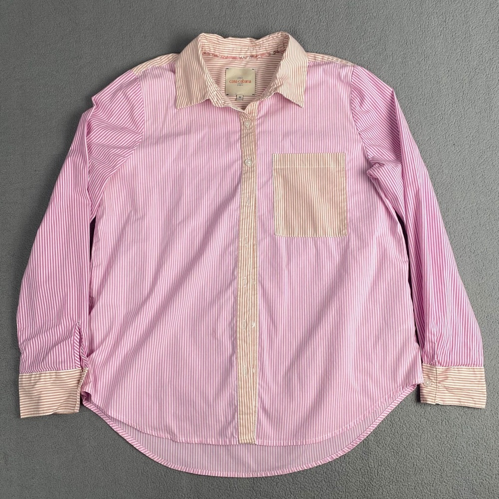 Casa Cabana Shirt Women's size M Pink/White Stripe Button Up Cuff‎ Long Sleeve